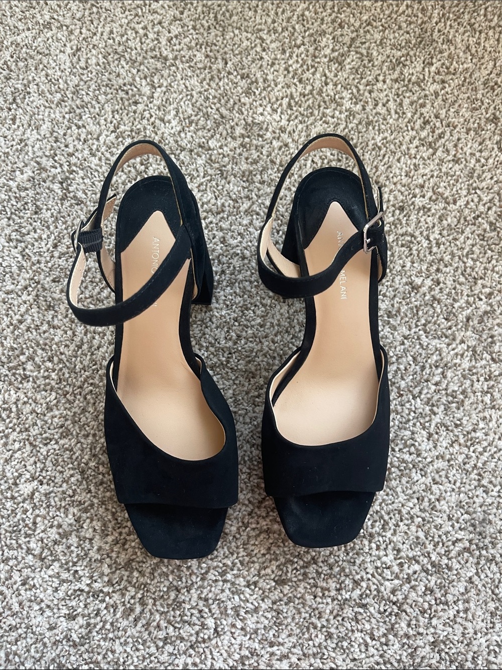 ANTONIO MELANI Black Suede Open-Toe Ankle-Strap Block Heels